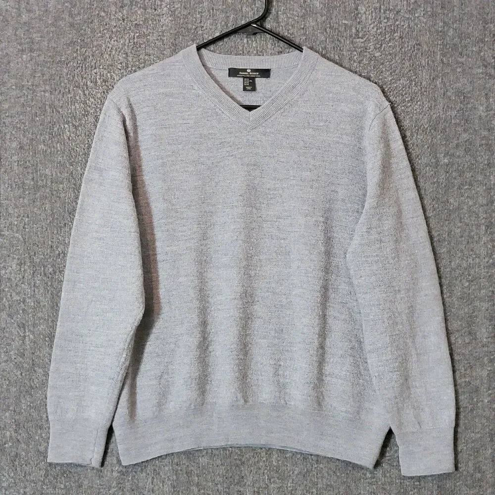 Daniel Bishop Sweater Mens M* Gray 100% Extra Fine Merino Wool V Neck Pullover